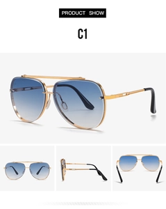 Detailed views of gold metal pilot sunglasses with blue and white gradient lenses