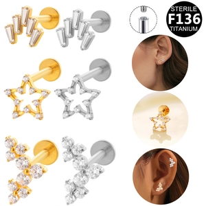 G23 F136 titanium labret studs with cubic zirconia star design and internal thread