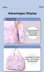 Detail of detachable pencil case and thermal lunch bag with colorful rainbow print