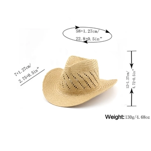 Breathable woven straw cowboy hat with hollow cutouts and classic American upturned brim