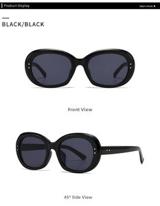 Front and 45-degree views of oval sunglasses with metallic rivet detail and black frames