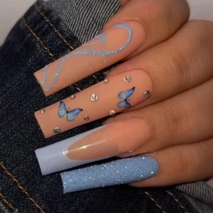 Long Coffin Press On Nails Blue Butterfly Glitter Rhinestone French Tips Nude Pink Fashion Fake Nails For Women