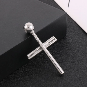Detailed close-up of a silver stainless steel baseball bat pendant with a polished finish