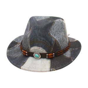 Patchwork denim kids fedora hat with turquoise western ethnic style bohemian trim