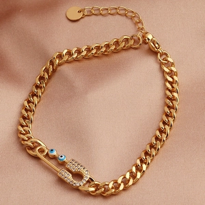 Pulsera de cadena cubana dorada con amuleto de imperdible y cuentas de ojo turco azul
