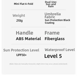 Specification chart for mini flat umbrella showing 210g weight and UPF50+ sun protection