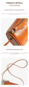Detailed view of the premium brown leather cylinder crossbody bag hardware and adjustable strap.