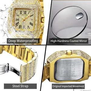 Luxurious gold square watch with crystal diamonds and calendar display for men