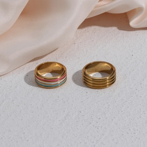 Gold 18K plated stainless steel rings with colorful enamel stripes and grooved texture