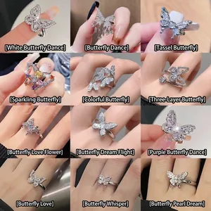 Elegant Copper Butterfly Adjustable Open Rings For Women Silver Plated Rhinestone Inlaid Fashion Jewelry Finger Ring