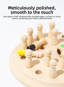 Close-up of polished wooden memory chess board with smooth burr-free edges and colorful pegs