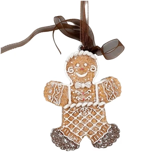 Resin gingerbread man Christmas ornament with sparkling glitter and white frosting details