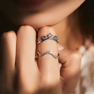 S925 sterling silver crown ring with blue stones and wavy pave diamond band