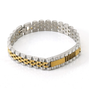 Detail view of two-tone gold and silver stainless steel watch band style men's bracelet