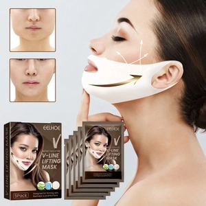Detailed view of V-line lifting mask set with 5 packs showing face contouring results