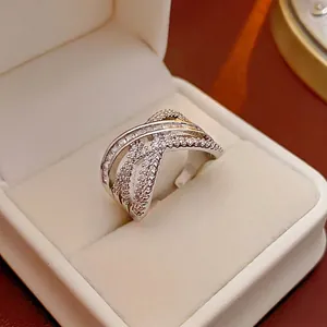 Criss Cross Ring Multi Layer Copper Cubic Zirconia Adjustable Open Jewelry Fashion Luxury Elegant Accessory For Women