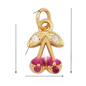 Detailed close-up of a cherry pendant with red cubic zirconia and dimensions labeled