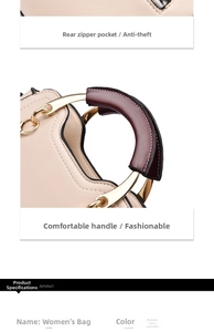 Detailed view of the back zipper pocket and gold metal chain on a beige leather handbag