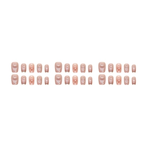 30pcs Cat Eye press-on nails with nude pink heart and polka dot design for DIY manicure