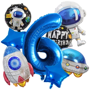 Space party kit with astronaut, rocket, blue number 6, and star balloons for birthday decor