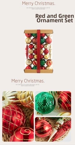 Detail of hand-painted Christmas ornaments set in red, green and gold festive finishes