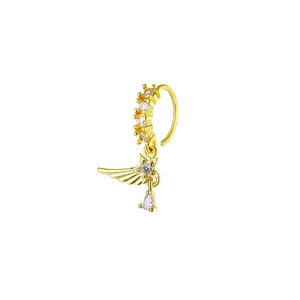 Golden heart nose ring with star wing charms and dangling teardrop zircon pendant