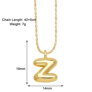 Detailed view of the gold-plated letter Z pendant with dimensions and ball chain length