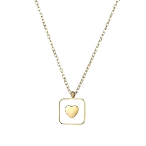 Golden titanium steel necklace featuring a square white shell pendant and a central gold heart