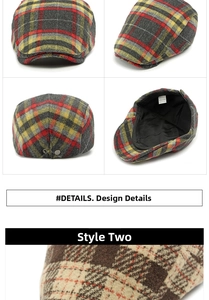 Close-up of retro plaid wool beret cap showing metal buckle details and inner lining