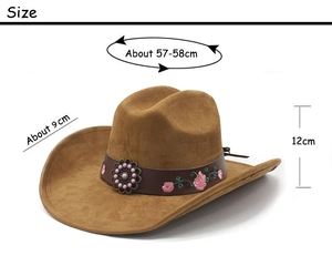 Brown faux suede cowboy hat size guide featuring embroidered rose floral band decoration