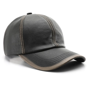 Casquette de baseball en cuir noir vintage avec coutures marron vieilli vue de profil