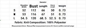 Detailed size chart for knitted cardigan featuring shoulders, bust, and sleeve measurements