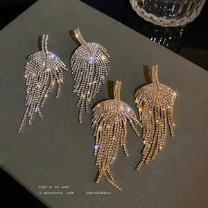 Leaf Tassel Drop Earrings With Rhinestones And Silver Earring Post Elegant Long Dangle Wedding Jewelry For Women