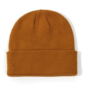Close-up of a warm brown knitted beanie for infants with folded cuff detail