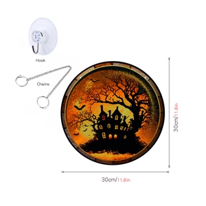 Halloween acrylic suncatcher featuring a haunted castle with bats and 11.8in size details
