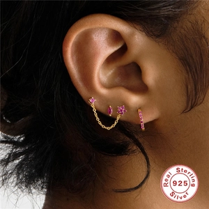 925 sterling silver gold earrings set with pink zircon studs and flower ear chain
