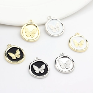 Set of 6 round alloy butterfly charms with enamel inlay and zircon pearls for jewelry DIY