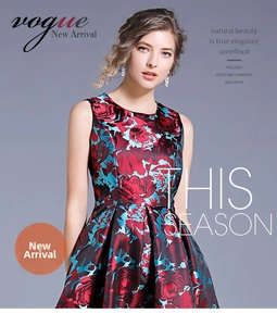 Detailed view of the vibrant rose pattern on a sleeveless satin high-waisted A-line dress