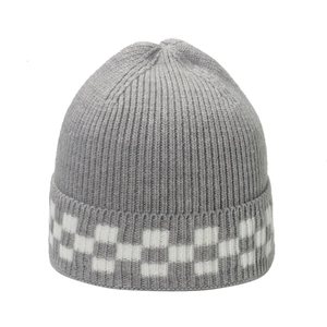 Winter knitted beanie in grey with white checkerboard pattern rib-knit design
