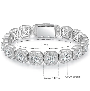 Detail of 12mm silver cuban bracelet with AAAA+ cubic zirconia and 7 inch length spec