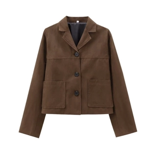 Front view of a brown cropped suede fashion jacket with large pockets on white background