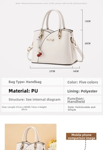 Detailed size specifications for a white PU leather tote bag with cherry pendant accessory