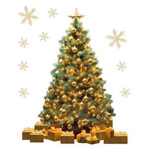 Klassischer grüner Weihnachtsbaum mit goldenen Kugeln, Sternen und Lichterketten Deko