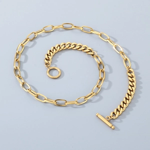 18K gold plated stainless steel mixed link necklace featuring a unique OT toggle clasp
