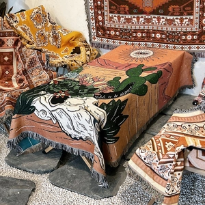 Bohemian cactus and skull woven blanket with tassels for outdoor camping and home decor