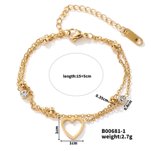 Detailansicht goldene Herz-Doppelkette Armband mit weißem Zirkon und Abmessungen