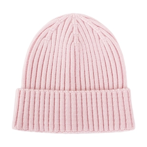 Close-up of baby pink knit beanie with fine ribbed texture and folded cuff detail