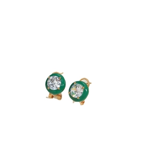 Green enamel round stud earrings with clear zircon stones in a gold finish settings