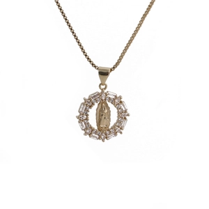 Golden box chain necklace featuring a circular Virgin Mary pendant with micro-set zircon