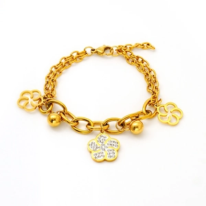 Bracelet double couche en acier plaqué or 18 carats avec pendentifs fleurs et zircons